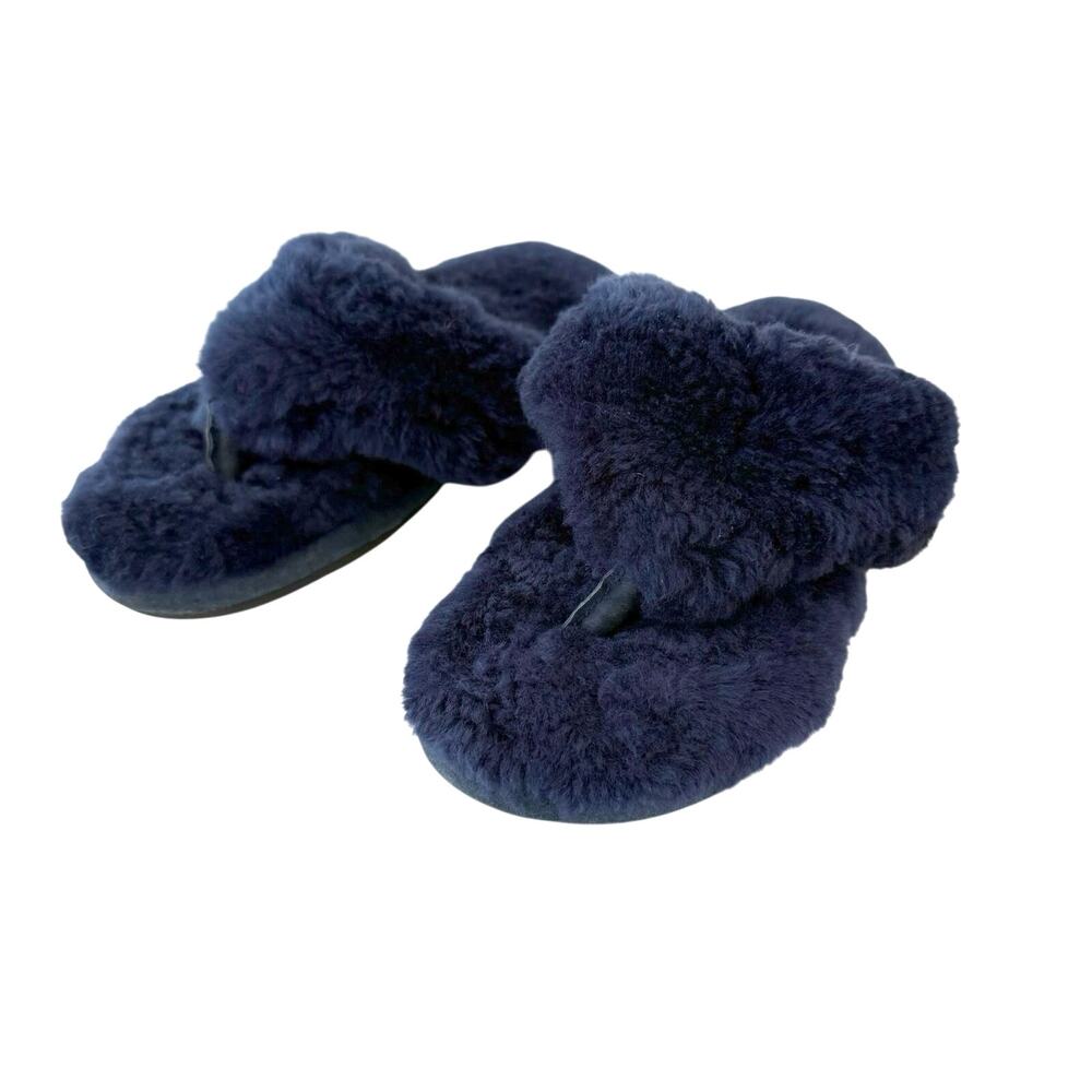 Old Friend Slippers Size 5-6 Pure Sheepskin Flip Flop Rubber Sole Navy Blue